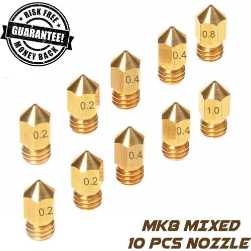 Miexed 10 PCS MK8 Extruder Nozzle 0.2 0.4 0.8 1.0 mm 1.75mm for 3D Printer Makerbot Anet A8 Creality CR-10 CR-10S S4
