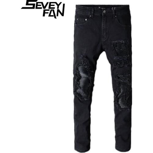 SEVEYFAN PU Leather Patchwork Biker Jeans Mens Skinny Ripped Motorcycle Denim Pants