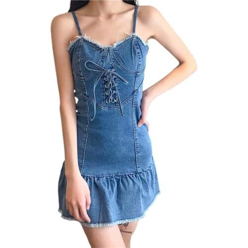 Musuos Ladies Casual Sexy Ruffle Mini Dress For Summer Women Sling Straps Backless Lace Up Ripped Denim Vestidos Fashion Party