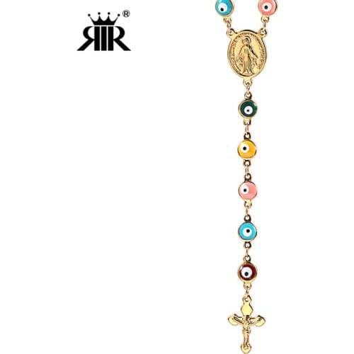 RIR Jesus Christ Cross Evil Eye Bead Catholic Religious Rosary Long Crucifixes Necklace Stainless Steel Men Women