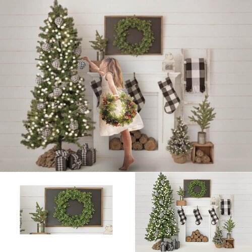Christmas Backdrop Decorative Tree Wood Wall Socks Photography Background Gift Window White Vintage Wall For Photo Studio