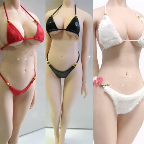 Handmade 1/6 Sexy Female Figure Bikini Set Women Leather Black/Red/Pink Plaid Bikini Clothes For 12' Figure Largest Bust Body