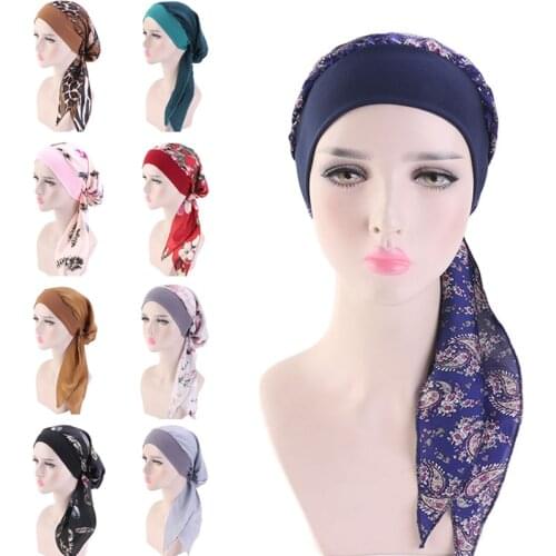 New Muslim Fashion Hijab Cancer Chemo Flower Print Hat Turban Head Cover Hair Loss Scarf Wrap Pre-tied Bandana