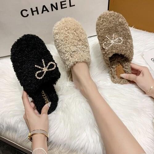 Winter Warm Shoes Woman New Women Slippers Crystal Bow Knot Slip on Flats Slides Female Faux Fur Slippers Women Shoes Cover Toe