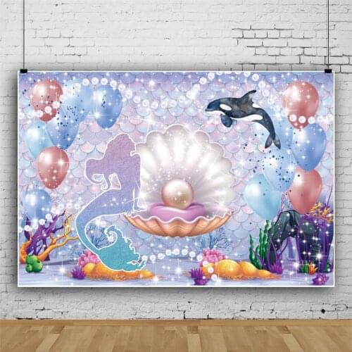 Balloons Girl Backdrops Birthday Party Ocean Shell Coral Mermaid Princess Decoration Child Photography Backgrounds Photo Studio