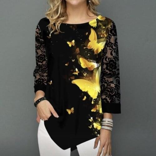 Women Blouse Shirt 2021 Autumn Lady Fashion Print Pullover Tops Shirts 3/4 Lace Sleeve Elasticity Female Casual Blouse 5XL