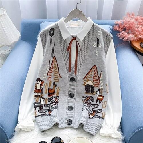 V Neck Knitted Vest Sweater Sleeveless Women Cartoon printCasual Pulloverhigh quality2021 Autumn Winter Gray Jumper Fashion