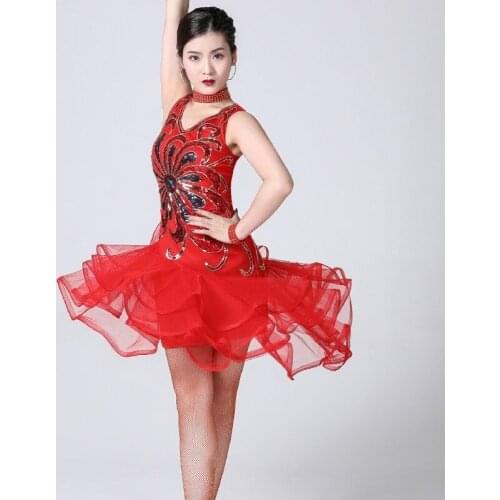 Women Latin Dance Dress Salsa Cha Cha Tango Ballroom Modern Rumba Sequins Swing 904-A989