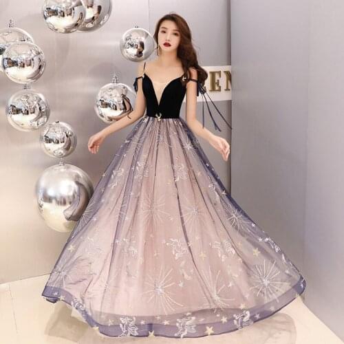 Evening Dress Stars Pattern Emborider Fashion Formal Dresses Boat Neck Spaghetti Strap Sexy Party Gown