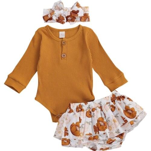 2020 Bobo Infant Baby Girl Fall Clothes 0-24M Ruffle Long Sleeve Knited Romper Tops+Floral Print Tutu Shorts Skirts 3pcs Set