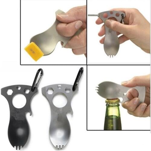 Camping Fork Spoon bottle opener screwdriver pry tip metric wrenches carabiner clam only Cutlery 5 In 1 Integrated Outdoor Cooki