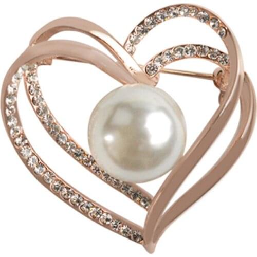New Arrivals Trend Pearl Brooch Gold Double Heart Brooch Beautiful Rhinestone Brooches for women hijab pins X1639