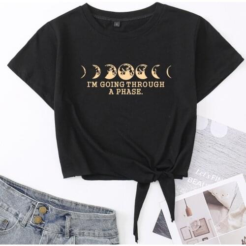Moon Phases I'm Just Going Through A Phase Knotted Crop Top Shirt Womens Summer Short Sleeve Cotton T-Shirt Cropped Tops Knot