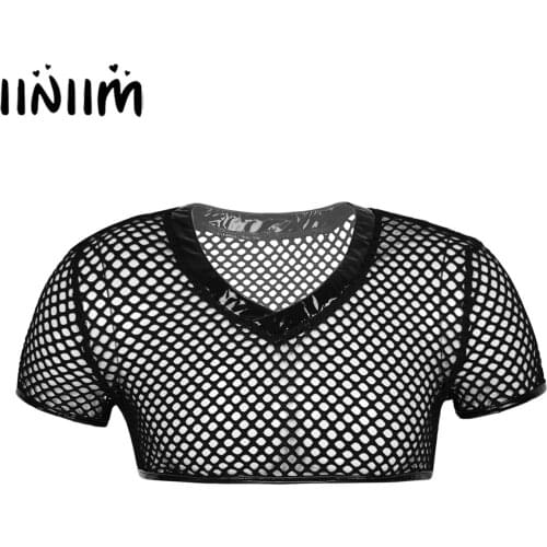 Iiniim Mens Fashion Sexy Club T-Shirts Short Sleeve Fishnet Hollow Out Mesh Vest Muscle Crop Tank Tops for Evening Parties