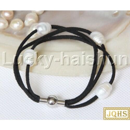 JQHS Baroque 3 Rows white freshwater pearls black leather bracelet magnet clasp j12958