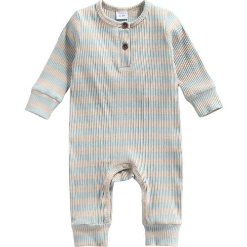 Baby Long Sleeve Romper with Horizontal Stripes Print Bottom Button Casual Style Spring Clothing
