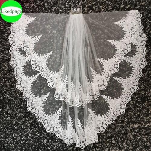 Short Wedding Bride Veil 2021 Two Layer Voile Mariage Welon Slubny Lace Edge Velo De Novia Sposa Weeding Accessoire Metal Comb