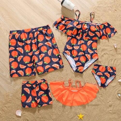 Family Matching Swimwear Summer Beach Vacation Orange Ruffle Print Mom And Me Swimsuit Dad Son Swimsuit Fashion Beach Shorts