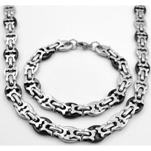 Stainless Steel Necklace Bracelet Set 10mm Geometric Byzantine Link Chain Silver Color Gold Plated Men Women Gift SC72 S