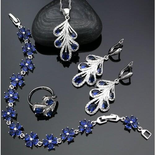 925 Silver Jewelry Sets For Women Blue Cubic Zirconia White Crystal Earrings Pendant Necklace Ring Bracelet Jewelry Silver Sets