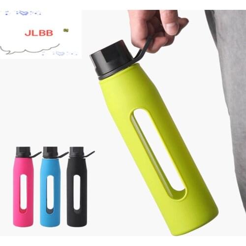 Portable Sport and Fitness Borosilicate Glass Water Bottle with Twist Cap Soft Silicone Sleeve Carry Handle for Bicycle GYM Yoga