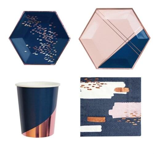 Gilding Blue Pink Disposable Tableware Paper Straw Napkin Cups Plate for Kids Birthday Baby Shower Wedding Party Decoration