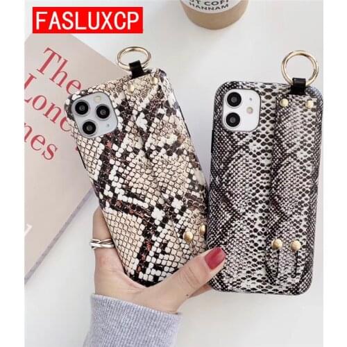 Luxury Snake Pattern Wrist Strap Phone Holder Case for Funda iPhone 11 12 Pro Max SE 2020 X XR XS 7 8 Plus Xs Matte Soft Cover