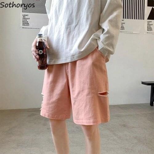 Ripped Holes Denim Shorts Women Couples Straight Knee-length Trousers Hip Hop All-match Ins Fashion Daily Solid Baggy Unisex BF