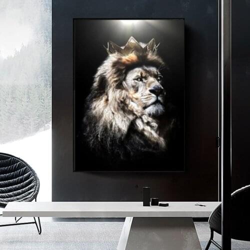 Modern Animal Lion Head With Crown Canvas Painting Posters And Prints Animals Wall Art Pictures For Living Room Decor No Frame