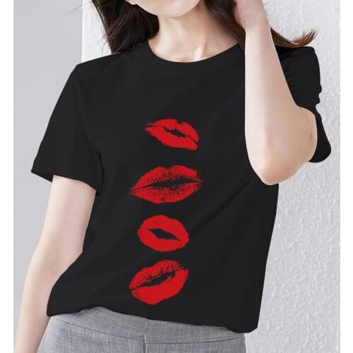 Womens Black T-shirt Retro Street Sexy Fashion Street Big Red Lip Print Series Printed Womens Comfortable Casual Short Sleeves