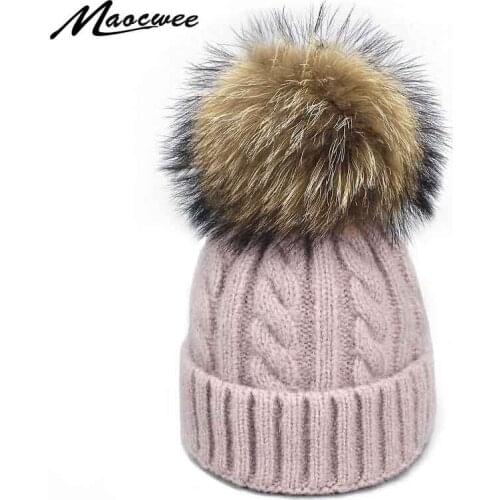 Real Raccoon Fur Pompon Beanie Hat For Women Children Autumn Winter Outdoor Warm Wool Skullies Caps Hats Baby Knitted Beanie Hat