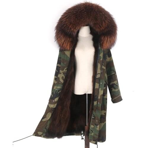 Winter Camouflage jacket women natural real fox fur collar loose x- long parkas 2020 fashion big fur outerwear detachable