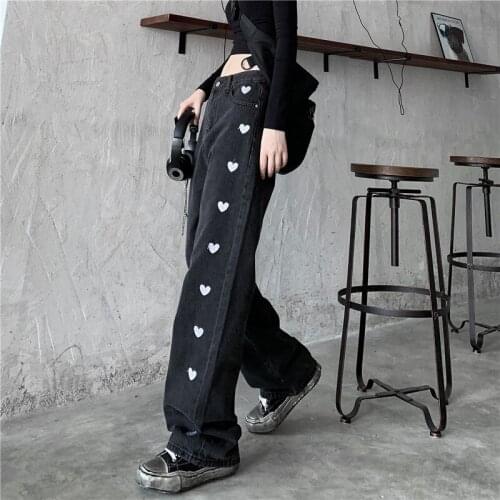 Retro Love Printed Jeans for Women Black High Waist Women Trousers New Loose High Street Casual Straight Pants Harajuku
