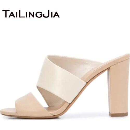 Open toe Chunky Heel Mule Sandals for Women 2020 Nude PU Leather Slip on Block Heel Sandal Elegant Ladies Large Size Summer Shoe
