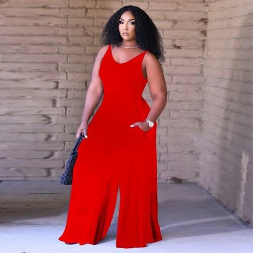 Red/black/blue Office Lady Rompers Womens Jumpsuit Deep V Neck Sleeveless Loose Wide Leg Bodysuit Elegant Pockets Long Overalls