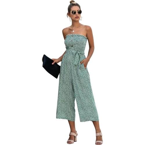 Womens Casual Loose Wide Leg Pants Tube Top Jumpsuit with Button Laces and Pockets
