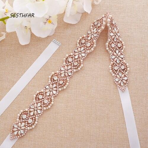 Rhinestones Bridal Belt Pearls Wedding Belt Simple Crystal Bridal Sash Rose Gold For Wedding Evening Dresses J175RG