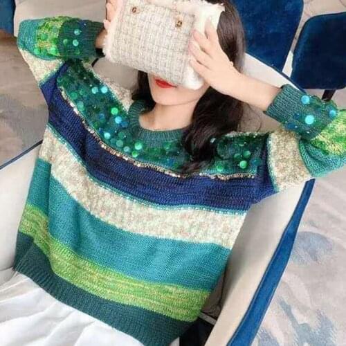 Beaded Sequin Blouse Gradient Stripe O-Neck Pullover Green Sweater Female Autumn Winter New Korean Knit Jumper Clothes 2021