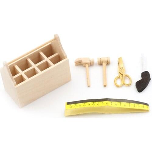 1/12 Wooden Toolbox With Tools Set Dollhouse Miniature Repair Kits Decoration Accessories Furniture Toys For Doll House