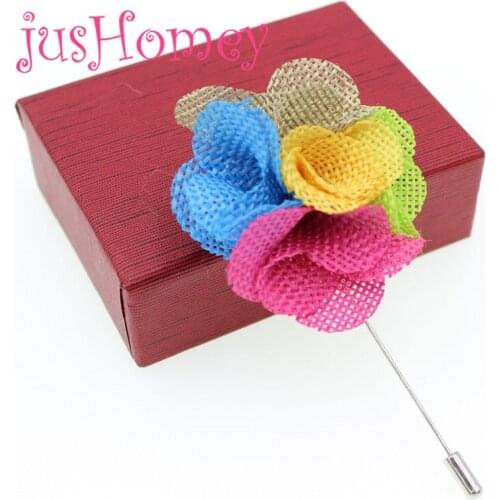 1 Piece Rustic Burlap Flower Boutonniere Lapel Pin Silver Tone Brooch Pin w/ Gift Box for Groomsman Lapel Bridal Party Favors