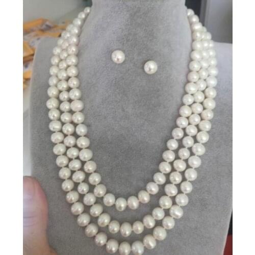 3 rows AAA9-10mm south sea white round pearl necklace 17"-19" earring set