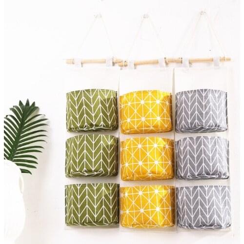 Cotton Linen Hanging Storage Bag 3 Pockets Wall Mounted Wardrobe Hanging Bag Wall Pouch Cosmetic Toys Organizer