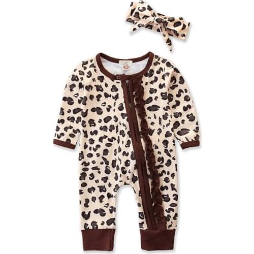 Baby girls boys jumpsuit spring autumn new romper long-sleeved bebe leopard zipper romper + headdress set 2pcs