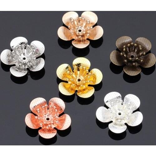 Mibrow New 20pcs/lot 18*6mm 3 Layers Copper Flower Bead Caps Filigree Loose Spacer Bead End Caps For DIY Jewelry Making Supplies