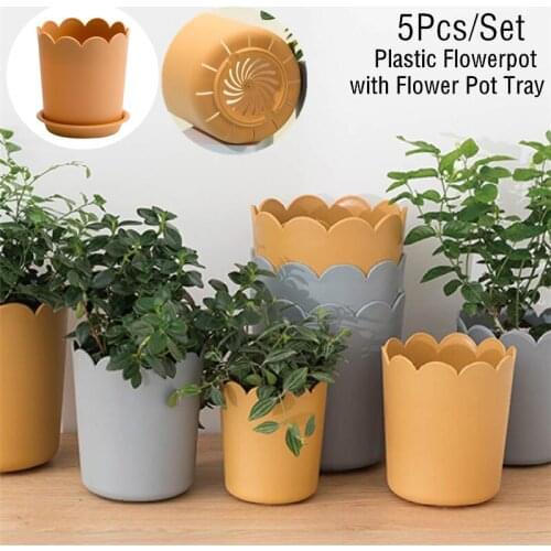 5Pcs/Set Creative Plastic Flowerpot Kit Solid Color Home Office Petal Edge Flower Pot with Potted Tray