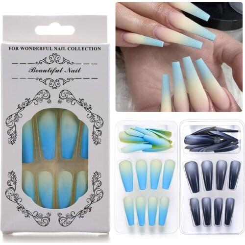 Fashion 24Pcs Set Of False Fake Nail Tips Matte Full Coverage Long Ballet False Nail Art Manicure French Manicure Extension Tool