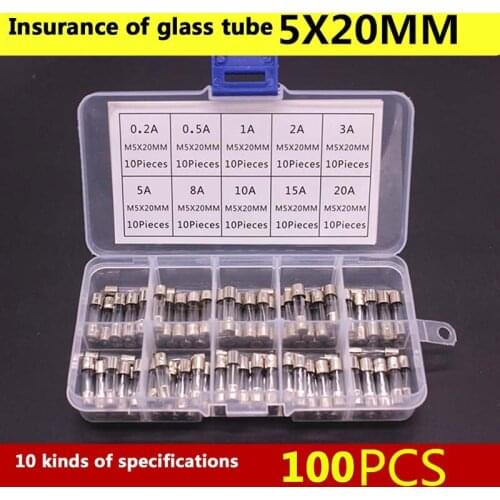 100pcs/lot Set Kit 5x20mm Fuse Assorted Kits DIY Quick Blow Glass Tube Fast-blow Glass Fuses 0.2A-20A