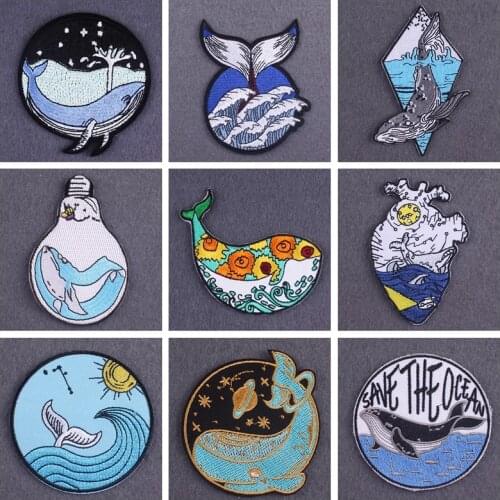 Whale Embroidered Patch Sea Wave Iron On Patches For Clothing Stripes Mountain Camping Patches On Clothes Adventure Travel Badge