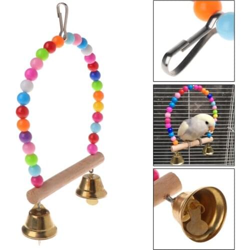 Natural Wooden Birds Perch Parrots Hanging Swing Cage With Colorful Beads Bells Au02 21 Dropshipping