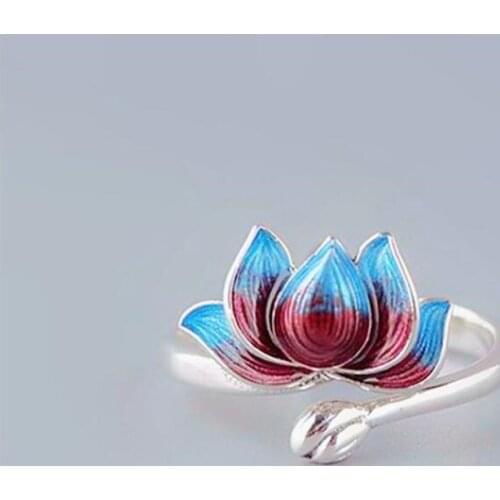 New Fashion Burnt Blue Cloisonne Lotus 925 Sterling Silver Jewelry Personality Epoxy Two-color Lotus Flower Opening Rings TYB29